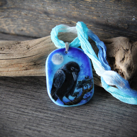 Crow at the moon - Fused Glass Pendant - Unique Art Jewelry