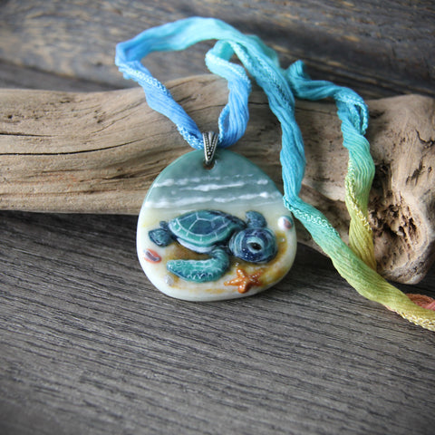 Baby Sea Turtle - art glass jewelry - mama bear Fused Glass Pendant - Unique Art Jewelry