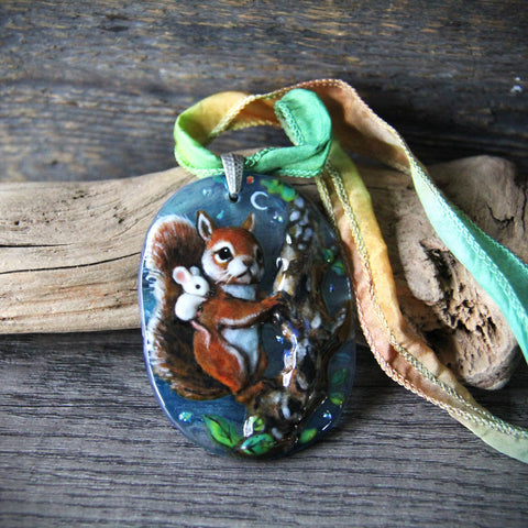 Squirrel and friend - art glass jewelry - woodland Fused Glass Pendant - Unique Art Jewelry